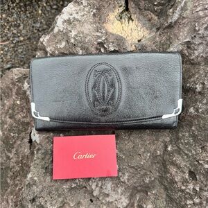 Cartier Paris Black Leather Long Wallet Silver Logo Authentic